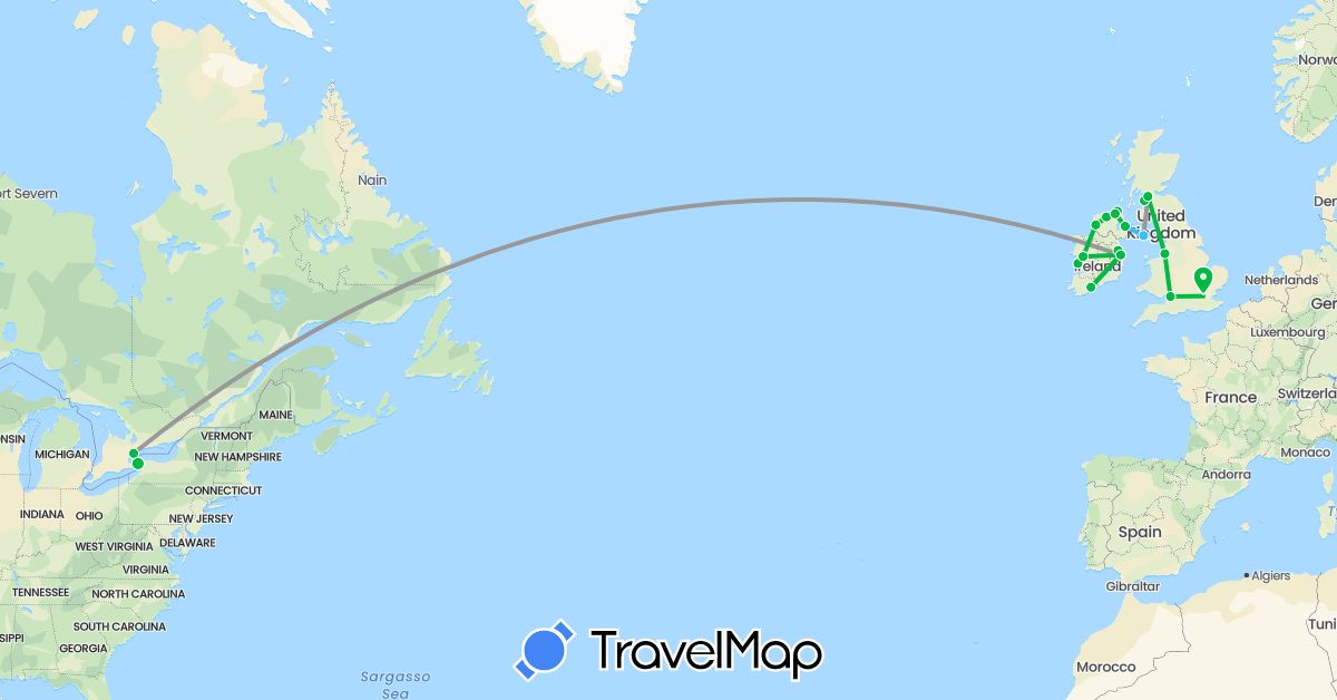 TravelMap itinerary: driving, bus, plane, boat in Canada, United Kingdom, Ireland, Isle of Man (Europe, North America)